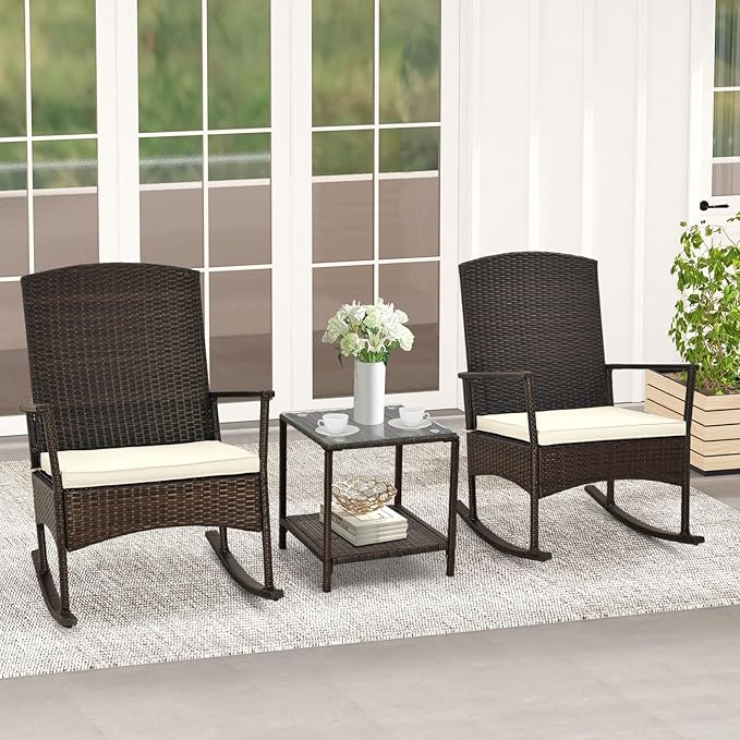 Tangkula 3 Pieces Rocking Wicker Bistro Set, Outdoor Front Porch Rocker Chairs Conversation Set with 2-Tier Tempered Glass Coffee Table and Thick Cushions for Garden, Balcony, Poolside (Off White)