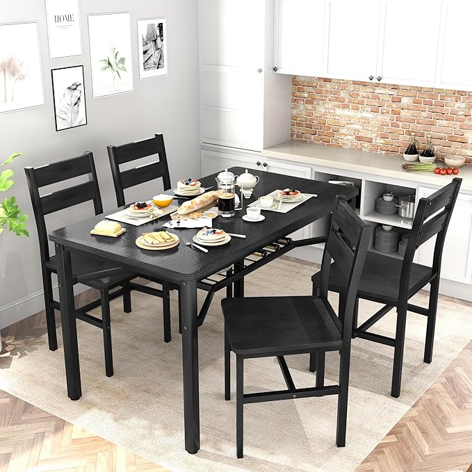 Hooseng Dining Table Set for 4, Wood Kitchen Table Chairs Set with Storage, Farmhouse 5 Piece Dining Room Table Set, Space-Saving Dinette Set for Breakfast Nook, Apartment (Black)