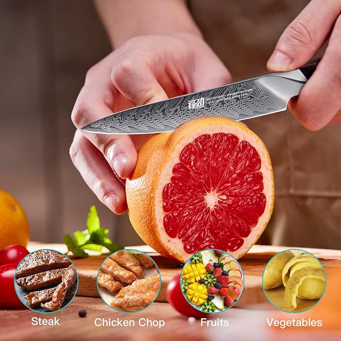 FINDKING Nebula Series Kitchen Utility Knife with ABS Sheath, Versatile Small Petty Knife, 10Cr15CoMov Damascus Blade, Resin and Figured Sycamore Handle, Full Tang, 5 Inch, Red, for Fruit, Steak