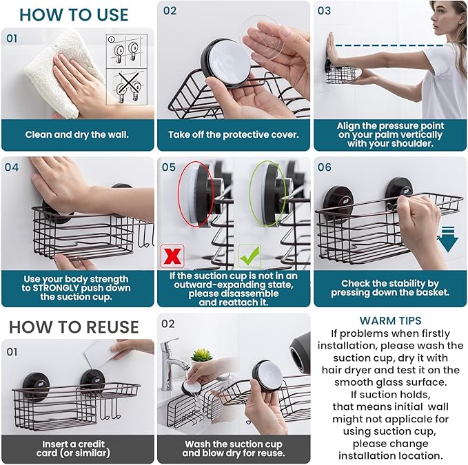 TAILI Shower Caddy Suction Cup 2 Pack with Hooks & Soap Holder, Heavy Duty Shower Organizer for Bathroom, No Drilling Bathroom Organizer with Large Capacity, Metal Storage Basket-Brown