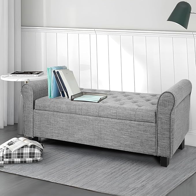 Storage Ottoman Bench with Arms, End of Bed Bench for Bedroom, Button Tufted for Entryway, Living Room,Hallway (Light Grey)