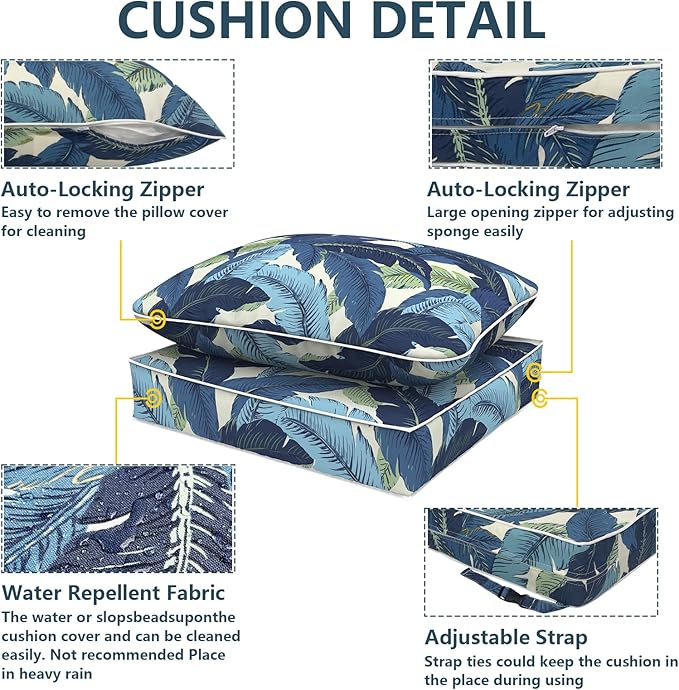 Outdoor Deep Seat Cushions Set 24 x 24 Inch for Patio Furniture,Water Resistant Chair Cushions Replacement Includes Seat Cushion & Back Pillow for Couch Sofa, Wicker Chair - Swaying Palms Blue