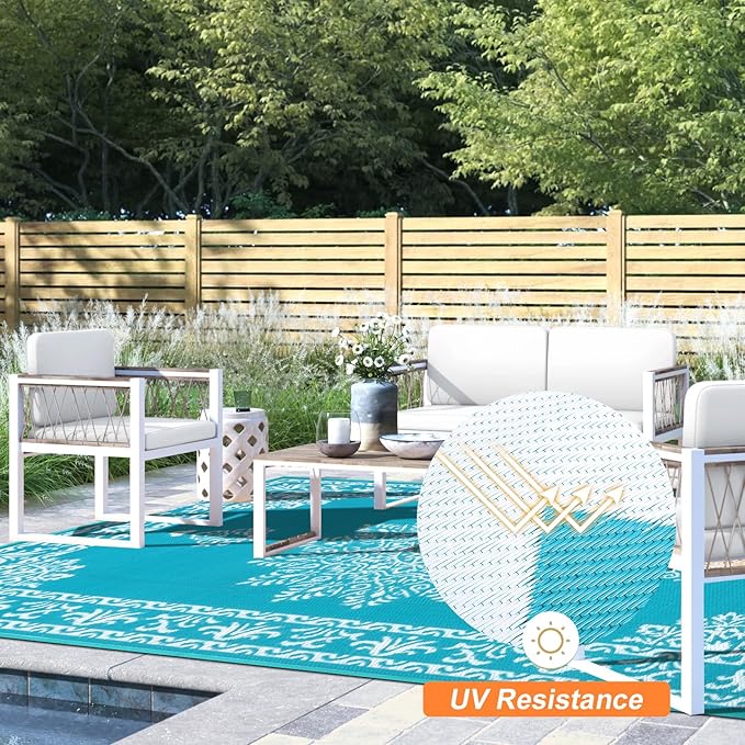 Outdoor Rug 5x8 Ft, Waterproof Plastic Straw Patio Rug, Reversible Backyard Carpet UV Resistant Portable RV Mat Clearance, Large Indoor Outdoor Rug for Patio, Porch, Deck, Balcony, Teal