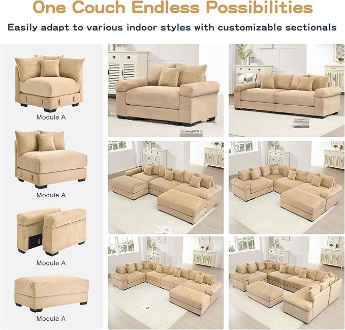 KEIKI 54" Oversized Corduroy Modular Sectional Single Sofa with High-Density Foam Cushions, Extra-Thick Armrests, Upholstered Modern 1-Seater Lounge Accent Chair with 3 Pillow, for Living Room, Camel