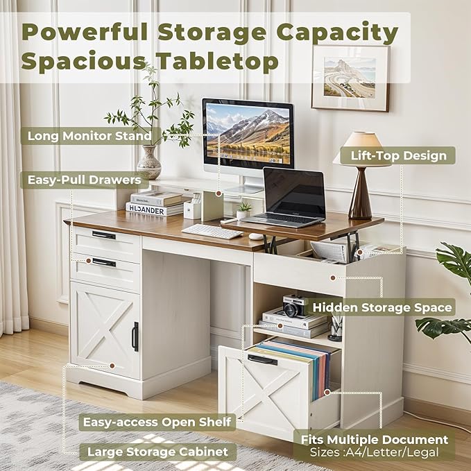 63" Executive Desk, Home Office Desk with Lift Top, Farmhouse Gaming Desk with File Drawer, Charging Station, Sensor Lights Wood Computer Table with Monitor Stand (White)