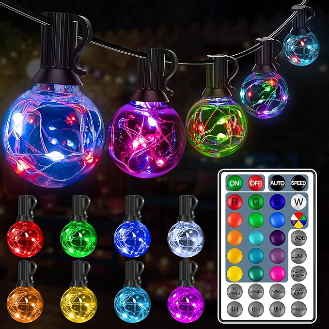 Ollny Outdoor Lights 30FT 30Bulbs, RGBW Color Changing String Light, Plug in Remote Waterproof Shatterproof Timers G40 Patio Lights for Outside Balcony Porch Camping Deck Yard
