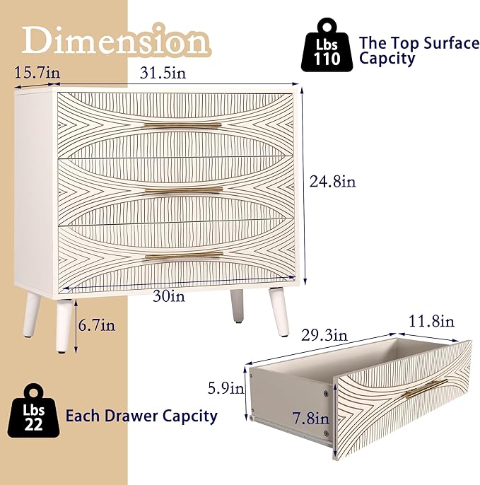 3 Drawer Dresser Set of 2, White Dresser for Bedroom, Chest of Drawers with Metal Handle, Including 2 Drawer Nightstand Set of 2 for Bedroom, Enterway, Texture White, 2 PCS