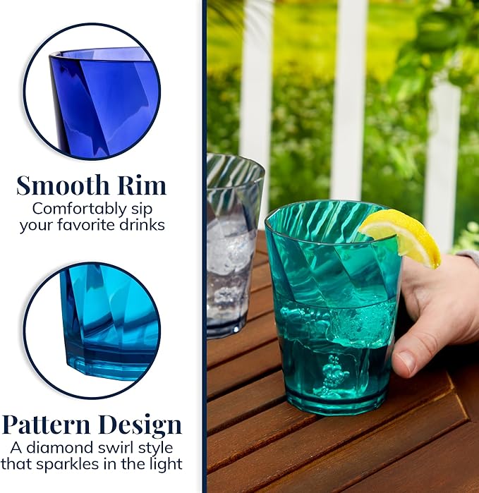 US Acrylic Optix Plastic Reusable Drinking Glasses (Set of 8) 14oz Rocks Cups in Coastal Colors | BPA-Free Tumblers, Made in USA | Top-Rack Dishwasher Safe