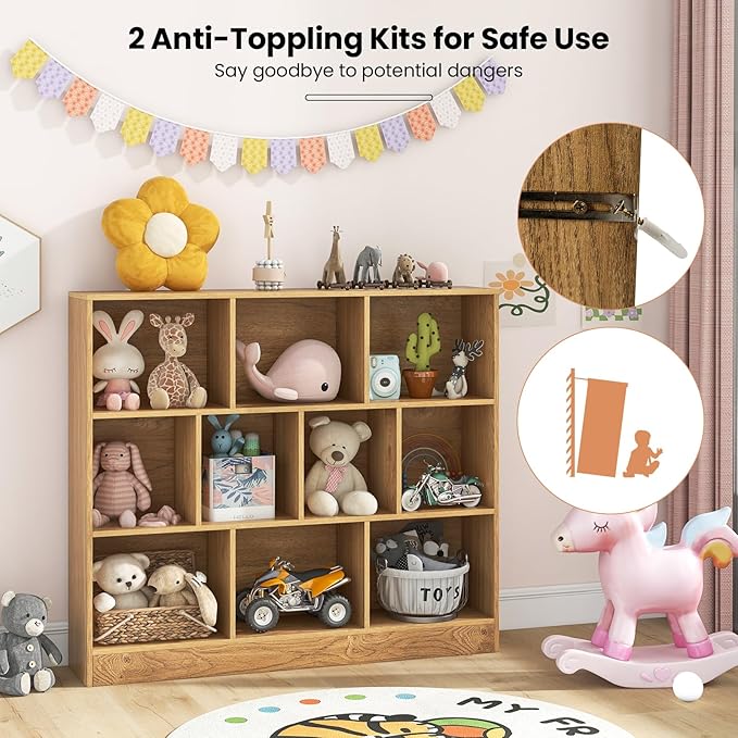 Costzon Wooden Toy Storage Organizer, 10-Cube Kids Bookshelf w/ 2 Anti-Toppling Kits, 3 Tier Open Shelves & Non-Slip Foot Pads, Book Shelf for Kids Rooms, Playroom, Classroom, Nursery (Natural)