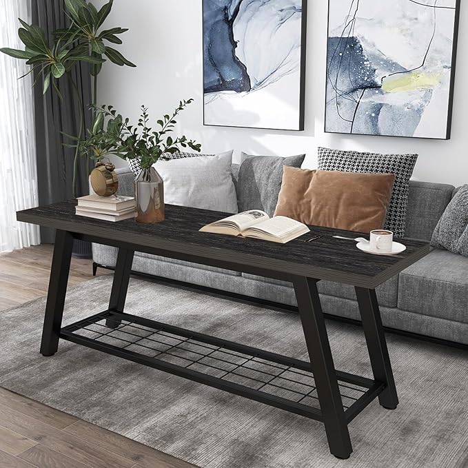 Industrial Entryway Bench Rustic Wood and Metal Storage Bench for Indoor Living Dining Room Bedroom Long Shoe Benches Seat (Charcoal Black)