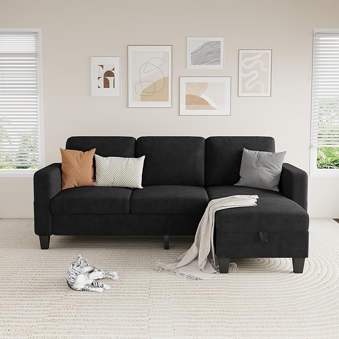 Sectional Sofa Couches for Living Room - Black 3 Seat L-Shaped Couch with Storage Ottoman, Comfy Velvet Convertible Sectionals Sofas with Chaise for Apartment, Office, Small Space