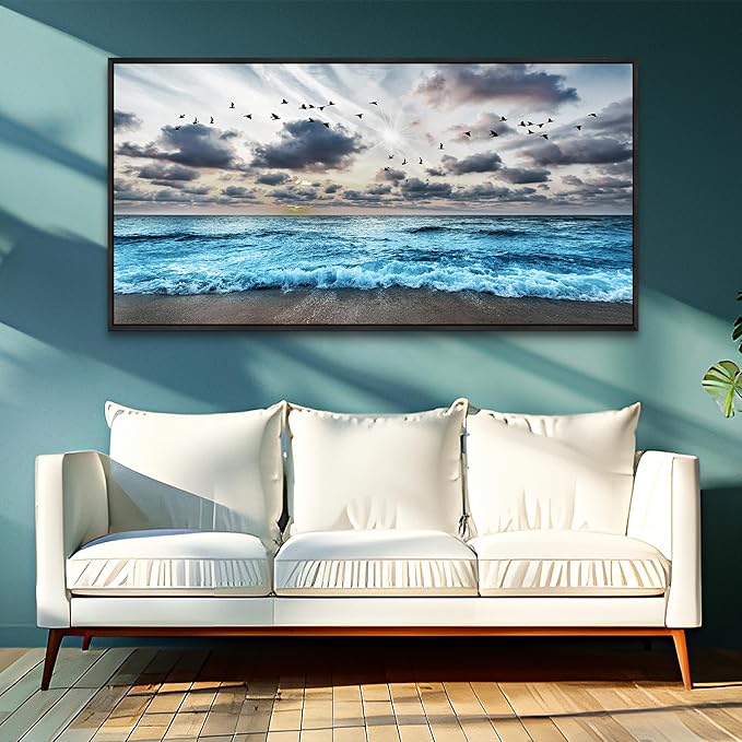 Wapluam Black Framed Canvas Wall Art For Living Room Large Wall Decoration For Bedroom Office Wall Decor Black And White Wall Painting Blue Sea Wave Pictures Artwork Modern Hotel Room Home Wall Art