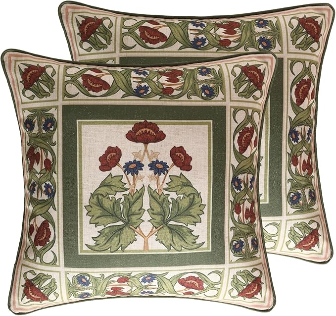 Design Linen Square Throw Pillow Covers 18"x18" Pack of 2, Yellow Green French Cushion Covers with Red Rose Floral Pattern Decoration Pillowcases for Bed, Living Room, Outdoor, Car