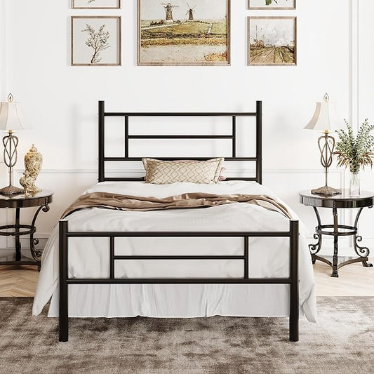 SHA CERLIN 14 Inch Twin Size Metal Bed Frame with Iron-Art Headboard and Footboard,Under Bed Storage Space,Platform Bed with Metal Slats Support,Easy Assembly,Noise Free,No Box Spring Needed,Black