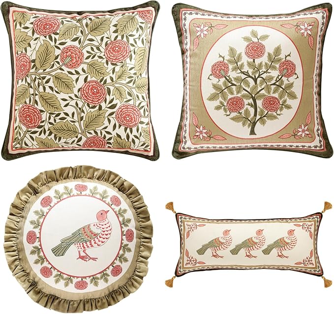 Throw Pillow Covers Pack of 4,Brown Cozy Velvet Farmhouse with Birds and Floral Pattern Pillowcases,Decoration Square Round Lumbar Pillows Cushion Covers for Couch Sofa Bed Car Chair