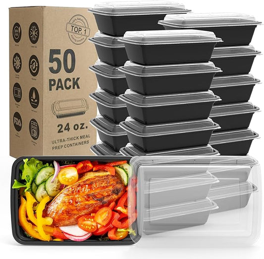 WGCC Meal Prep Containers, 50 Pack Extra-thick Food Storage Containers with Lids, Disposable & Reusable Plastic Bento Lunch Box, BPA Free, Stackable, Microwave/Dishwasher/Freezer Safe (24 oz)