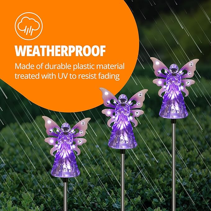 Exhart Garden Solar Lights, Decorative Angel Garden Stake, 12 LEDs, Cute Yard and Pathway Decor, Purple, 4 x 34 Inch