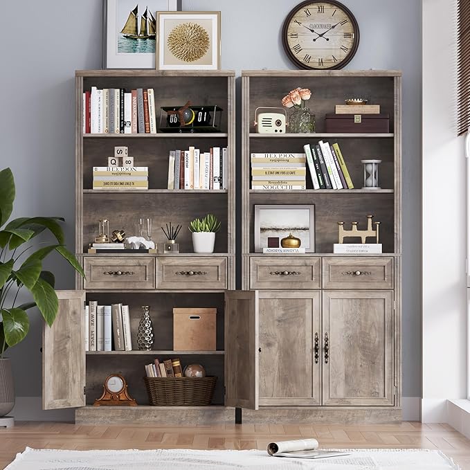 71.4" Tall Bookshelf with Drawers & Cabinet, 5-Tier Floor Standing Bookcase with Storage Doors, Adjustable Shelves & Metal Handles, 31.5" Wide Organizer for Home Office, Living Room