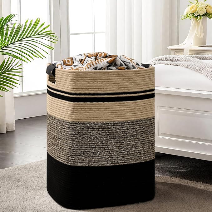 Laundry Hamper, 95L Tall Laundry Basket with Leather Handles, Rectangle Large Clothes Hamper for Organizing, Cotton Woven Laundry Baskets Storage Hampers for Bedroom, Nursery, Living Room