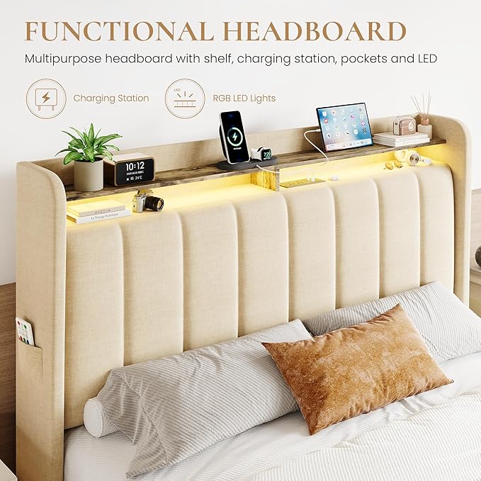 SHA CERLIN Full Size Platform Bed Frame with Vertical Channel Tufted Wingback Headboard & 2 Storage Drawers/2-Tier Shelves with LED Lights & Charging Station/Noise-Free/No Box Spring Needed/Beige
