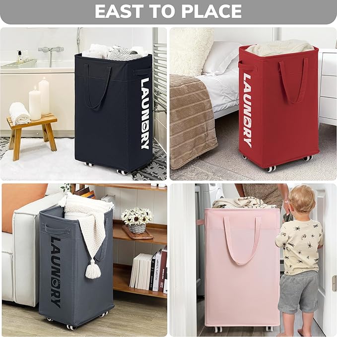 Goodpick Laundry Basket with Wheels,75L Large Roolling Laundry Basket with Removable Wash Bag, Clothes Hamper with Wheels for Laundry Room, Red