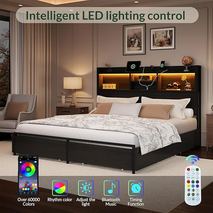 LARMACE King Size Bed Frame with 6 Storage Drawers and Headboard Wooden Platform Bed Frame with LED Lights and Charging Station Easy Assembly/No Box Spring Needed/Black