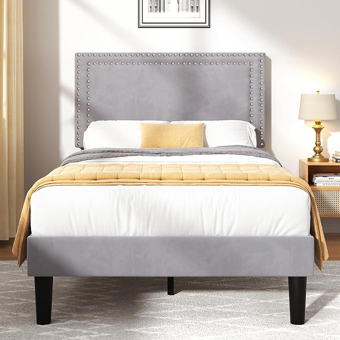 VECELO Twin Size Platform Bed Frame with Adjustable Upholstered Headboard, Strong Wood Slat Support, No Box Spring Needed, Easy Assembly