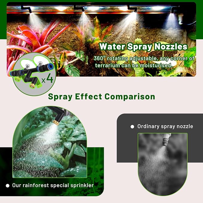 REPTI ZOO Misting System with Timer, Reptile humidifier with 4 Spray Nozzles & 2 Drip Nozzles, Low Noise Self-Priming Pump, Mister System for Reptile Amphibians Habitat, Botanical Gardens
