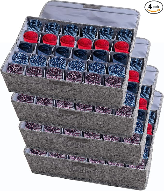AARAINBOW 4 Packs Underwear Socks Ties Storage Organizer with Lids Foldable Closet Drawer Organizer 120 Cells, Fabric Wardrobe Divider Storage Boxes for Scarves and Lingerie (30 Cell, 4 Gray)