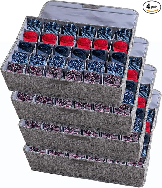 AARAINBOW 4 Packs Underwear Socks Ties Storage Organizer with Lids Foldable Closet Drawer Organizer 120 Cells, Fabric Wardrobe Divider Storage Boxes for Scarves and Lingerie (30 Cell, 4 Gray)