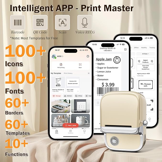 Phomemo M150 Label Maker, Upgraded Bluetooth Label Printer, Compatible with Phone, PC & Tablet, with 1 Roll Free Label Paper, Thermal Portable Sticker Printer Machine for Address,Bracode, Jar, Beige