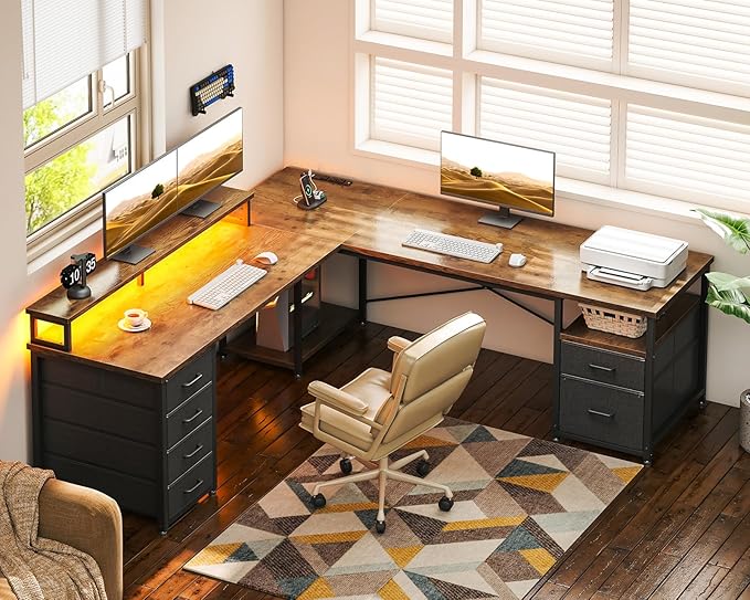 Casaottima 66" L Shaped Desk, Reversible Computer Desk with File Cabinet & 4 Fabric Drawers, Two Person Desk with LED Lights & Power Outlet, Corner Home Office Desk with Monitor Shelf, Vintage