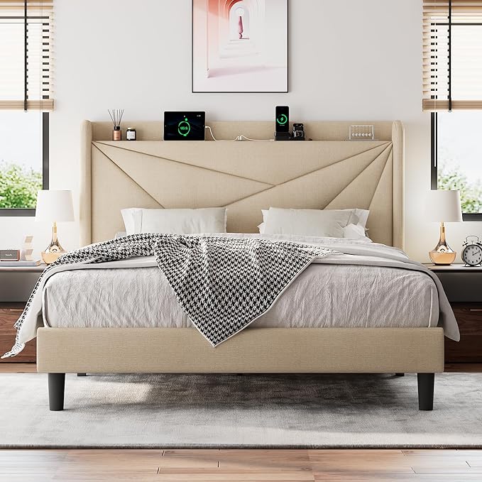 Queen Size Upholstered Bed Frame with Charging Station, Platform Bed Frame with Storage Headboard, Solid Wood Slats Support, No Box Spring Needed, Beige