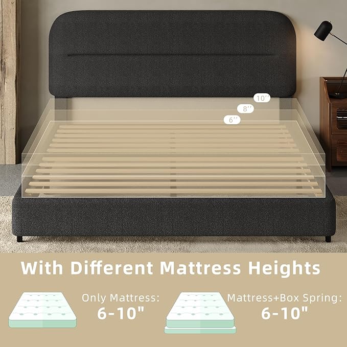 HOMBCK Bed Frame Queen Size, Boucle Upholstered Platform Queen Bed Frame with Headboard, Soft Headboard with Rounded Corners Design, Wood Slats, No Box Spring Required, Easy Assembly, Black