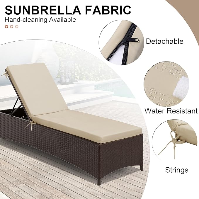 Crestlive Products Sunbrella Chaise Lounge Cushions Set of 2, Outdoor Cushions for Patio Furniture, Waterproof Lounge Chair Cushions for Pool, Deck, Lawn, 72''L x 21''W, Canvas Antique Beige