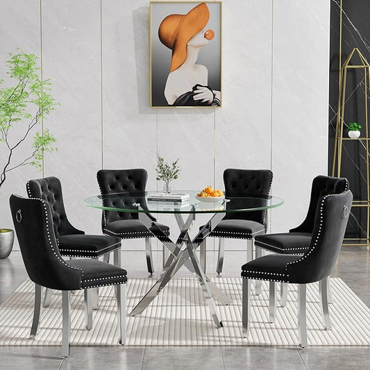 Goujxcy Round Dining Table Set for 6, Modern Glass Kitchen Table and Chairs Set of 6, 7-Piece Dining Room Table Set w/47 Circle Silver Glass Dining Table and 6 Upholstered Velvet Chairs