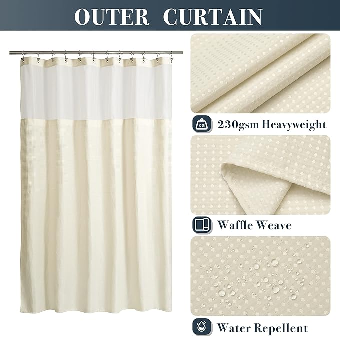N&Y HOME Extra Long Cream Waffle Weave Shower Curtain with Snap-in Fabric Liner & Hooks Set - 71" x 84", Hotel Style & Mesh Top Window, Machine Washable - 71x84 Inches, Cream