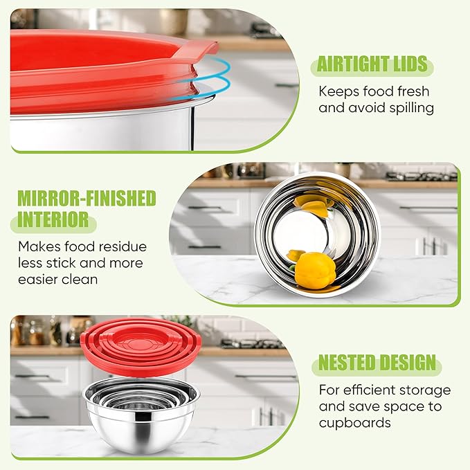 P&P CHEF Mixing Bowl with Airtight Lid Set of 5, 10-Piece Stainless Steel Nesting Salad Bowl Set for Prepping, Mixing and Serving, Size 4.6, 3, 1.5, 1, 0.7 QT, Rimmed Edges & Flat Base, Red