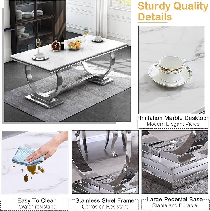 Goujxcy 5 Piece Marble Dining Table Set for 4, Luxury 70" White Marble Silver Kitchen Table with 4 Grey Velvet Upholstered Chairs, Modern 4 Person Dining Room Table Set for Kicken Dining Office Room