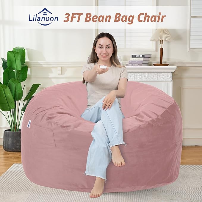 3FT Bean Bag Chair with Ultra Soft Velvet Cover Bean Bag Sofa with Memory Foam Bean Bag Chairs with Large Size Lazy Sofa for Dorm Office Living Room Bedroom Dusty Pink 3'