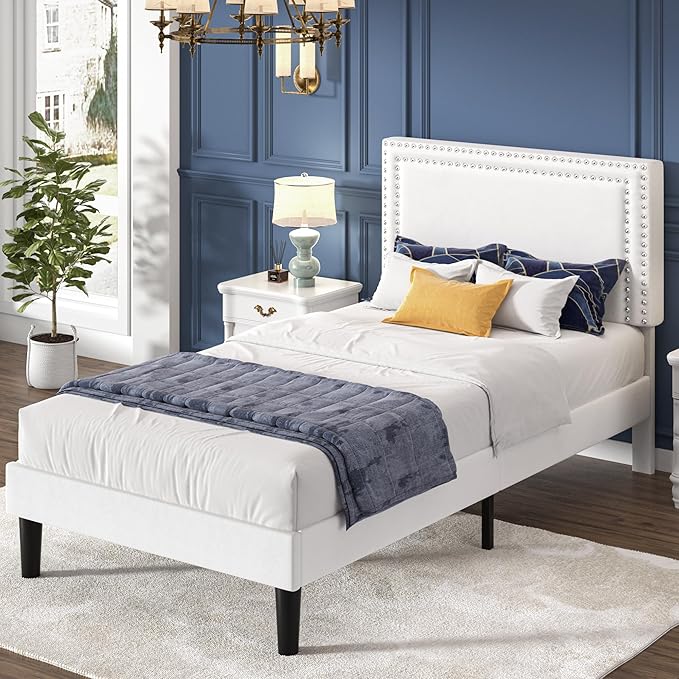 VECELO Twin Size Platform Bed Frame with Height Adjustable Upholstered Headboard, Strong Wood Slats Support, No Box Spring Needed, Easy Assembly