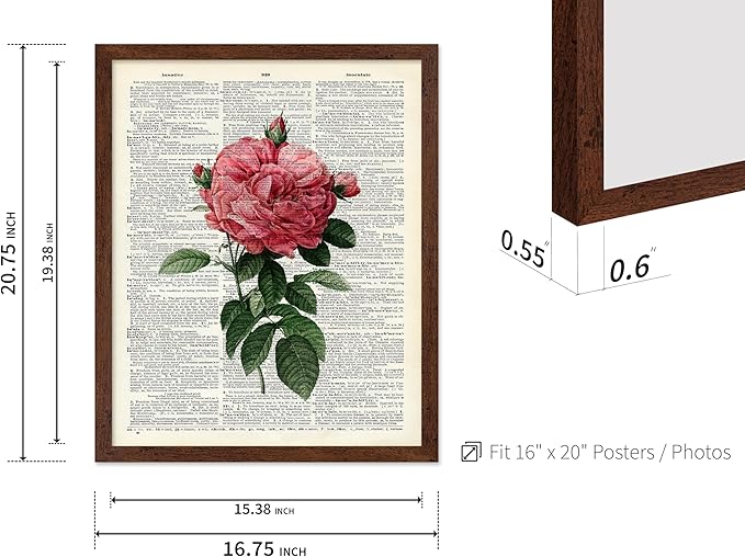 Poster Master Dictionary Art Poster - Pink Roses Print - Flower Art - Floral Art - Gift for Him, Her & Florist - Minimal Decor for Living Room, Bedroom, Dorm or Flower Shop, 16x20 Brown Framed