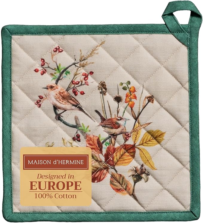Maison d' Hermine Pot Holders 100% Cotton Heat Resistant Potholders 8" x 8" Hot Pads with Loop for Thanksgiving Christmas Decorations BBQ Cooking Baking Handling Hot Pans (Pack of 1, Recolte)