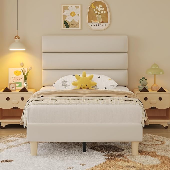 Twin Bed Frame, Platform Bed Frame with Velvet Upholstered Headboard, No Box Spring Needed, Sturdy Metal Support, Noise Free, Easy Assembly, Modern Bedroom Furniture, Beige