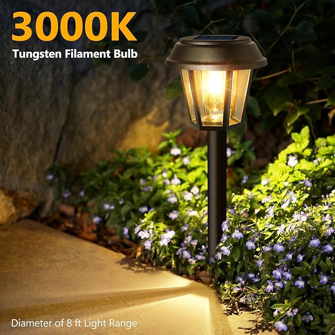 Solar Pathway Lights Outdoor 8 Pack Solar Lights Outdoor Waterproof 3000K Warm White Tungsten Filament Bulb for Yard Garden Landscape Path Driveway Lawn