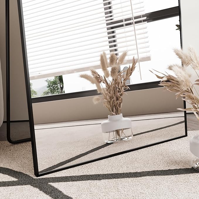 FANYUSHOW Full Length Mirror, Standing Hanging or Leaning Body Mirror, Simple Rectangle Design, Aluminum Alloy Thin Frame, Floor Mirror for Bedrooms, Bathrooms, Living Room 63"x19" (Black)