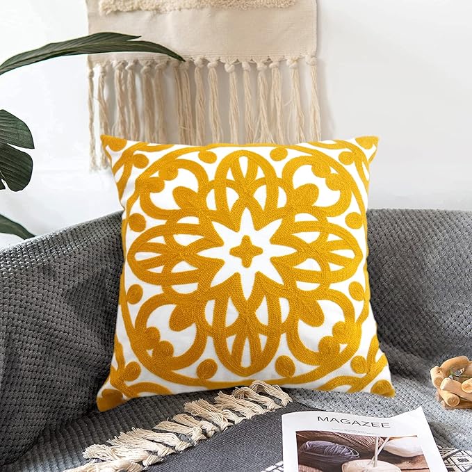Alysheer Embroidered Decorative Throw Pillow Cover 20"x 20", Boho Mandala Modern Thick Embroidery Pattern, Durable Cotton Canvas Soft Cushion Case for Sofa Couch Bed Living Room (Mustard Yellow)