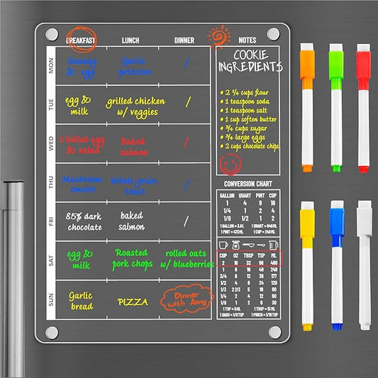 3-in-1 Magnetic Acrylic Meal Planner for Fridge - Clear Weekly Dry Erase Menu Board, Breakfast Lunch Dinner Daily Planner, Healthy Diet Organizer for Kids Teens Family, w/ 6 Markers, 9.5"x12"