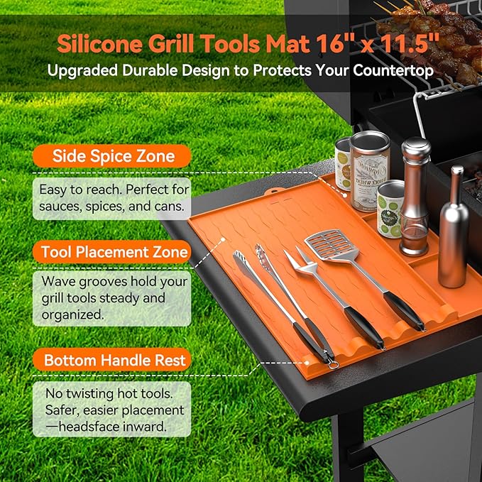Upgrade Silicone Grill Mat for Blackstone and Most Grills with 3 Separate Storage, Griddle Tools Mat BBQ Grill Accessories, Spatula Holder & Side Shelf Protector for Outdoor Grill and Kitchen Counter