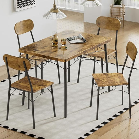 VECELO Dining Table Set for 4, 5-Piece Kitchen Table with 4 Chairs, MDF Board Tabletop with Metal Frame for Small Space, Compact Dinette, Breakfast Nook, Brown